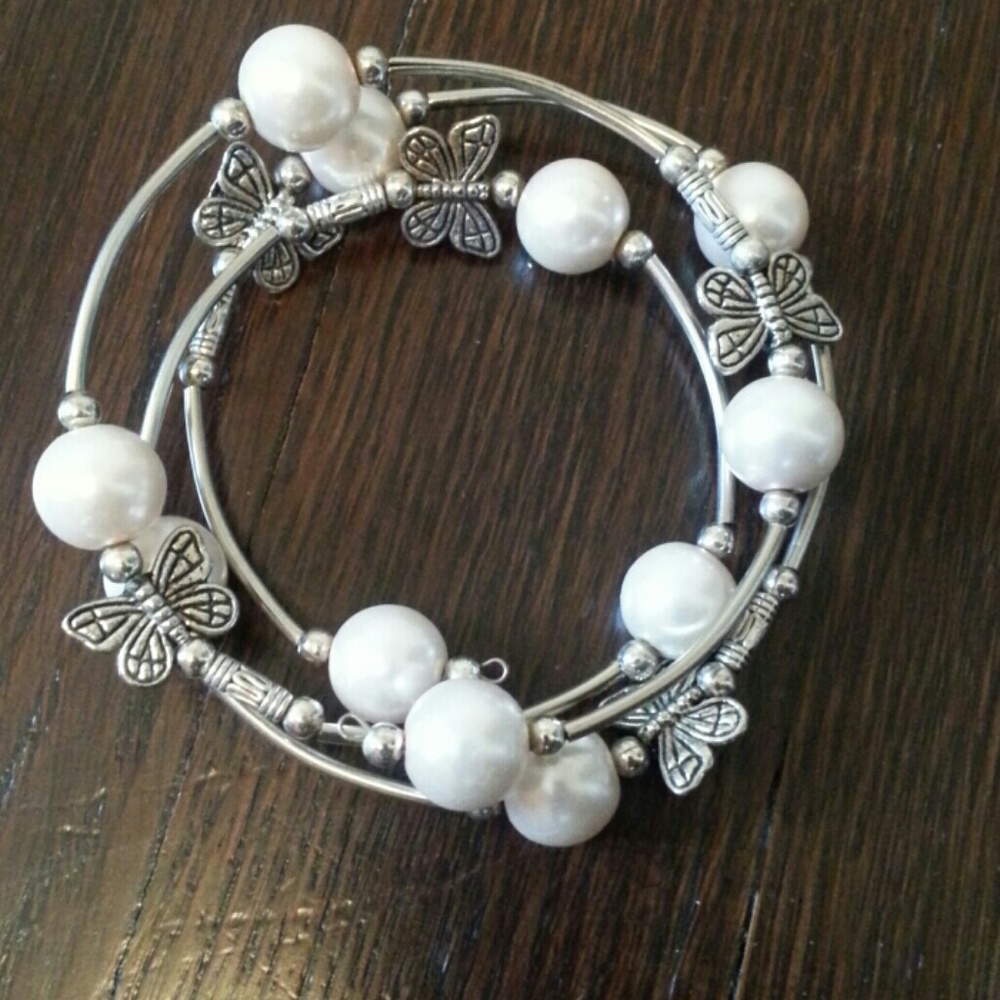 Pink pearls and Butterflies wrap bracelet