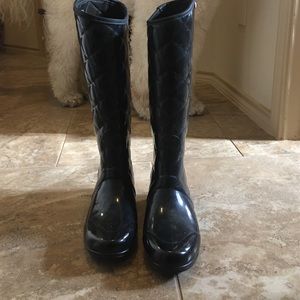 Black Patent Quilted Hunter Rain Boots, sz 10