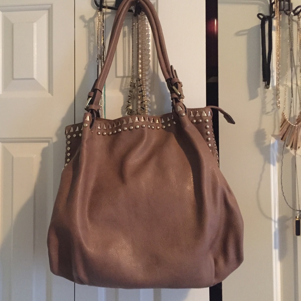 Tan and gold accent shoulder bag