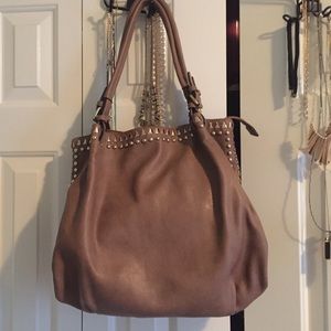 Tan and gold accent shoulder bag