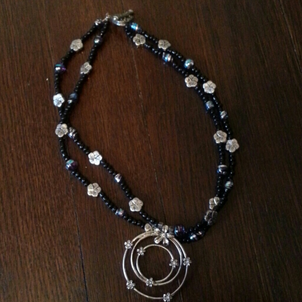 Black With Iridescent beads Flower Toggle Necklace