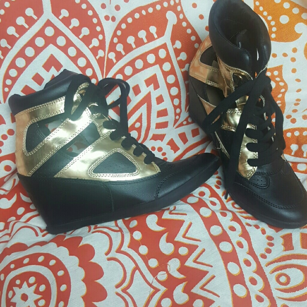 Black and Gold Wedge Sneakers