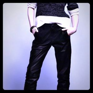 Maje black leather track pants w white side stripe