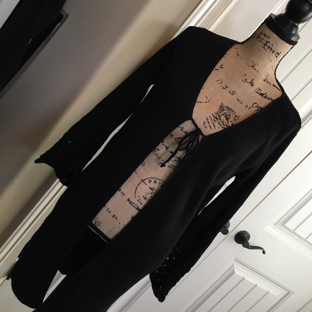 Black Ribbed Cardigan Sweater w/ Crochet Sleeves