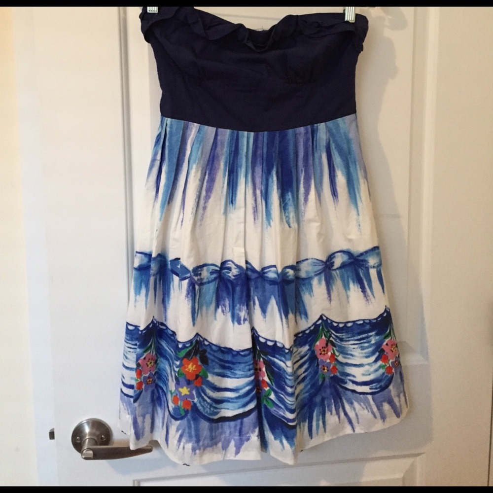 Strapless navy Anthropologie dress with pockets