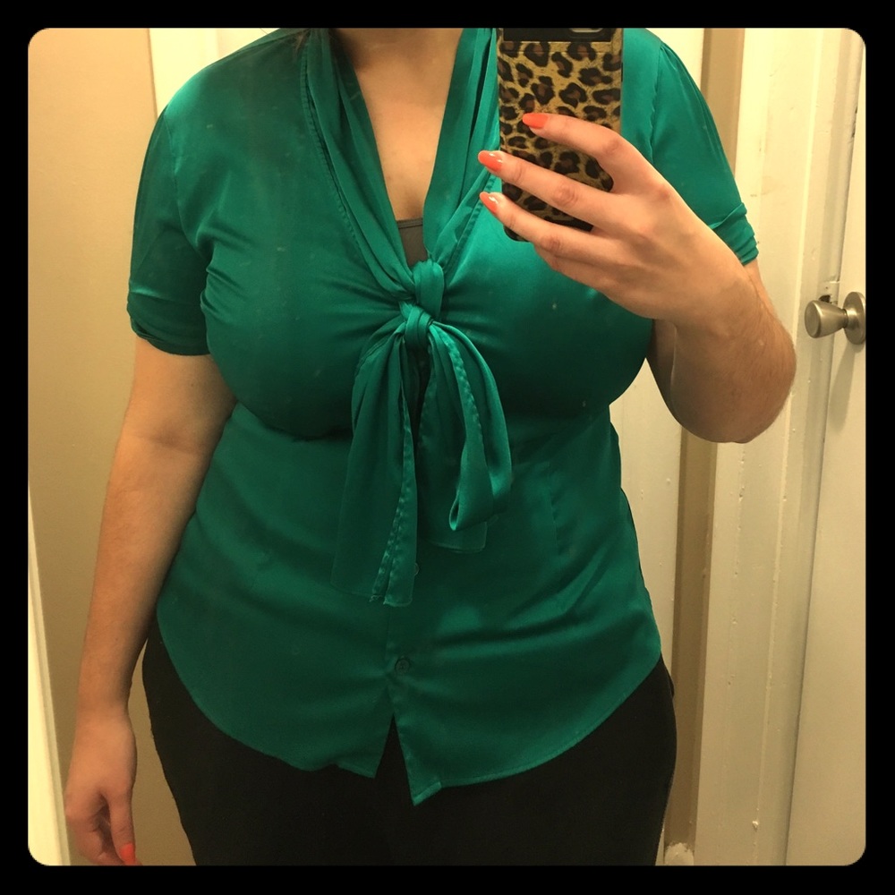 Silky emerald tie front blouse