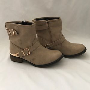 Nude Booties with Gold Buckle Detailing