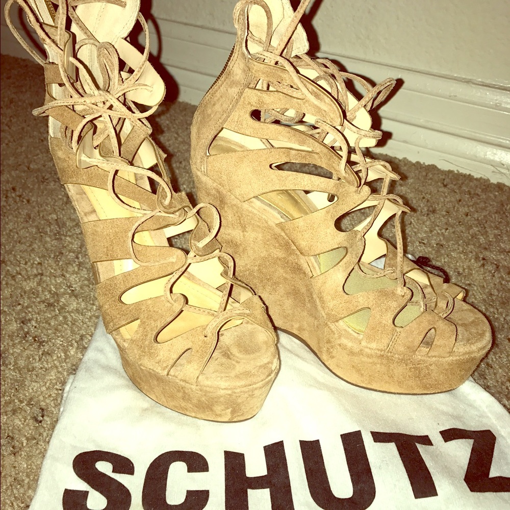 SCHUTZ tan leather lace up wedges