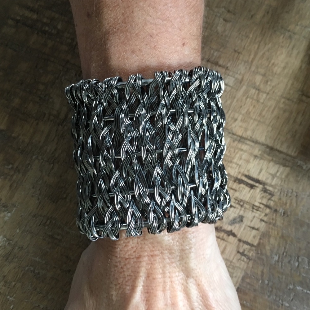 Pewter Colored Woven Wire Metal Cuff Bracelet EUC