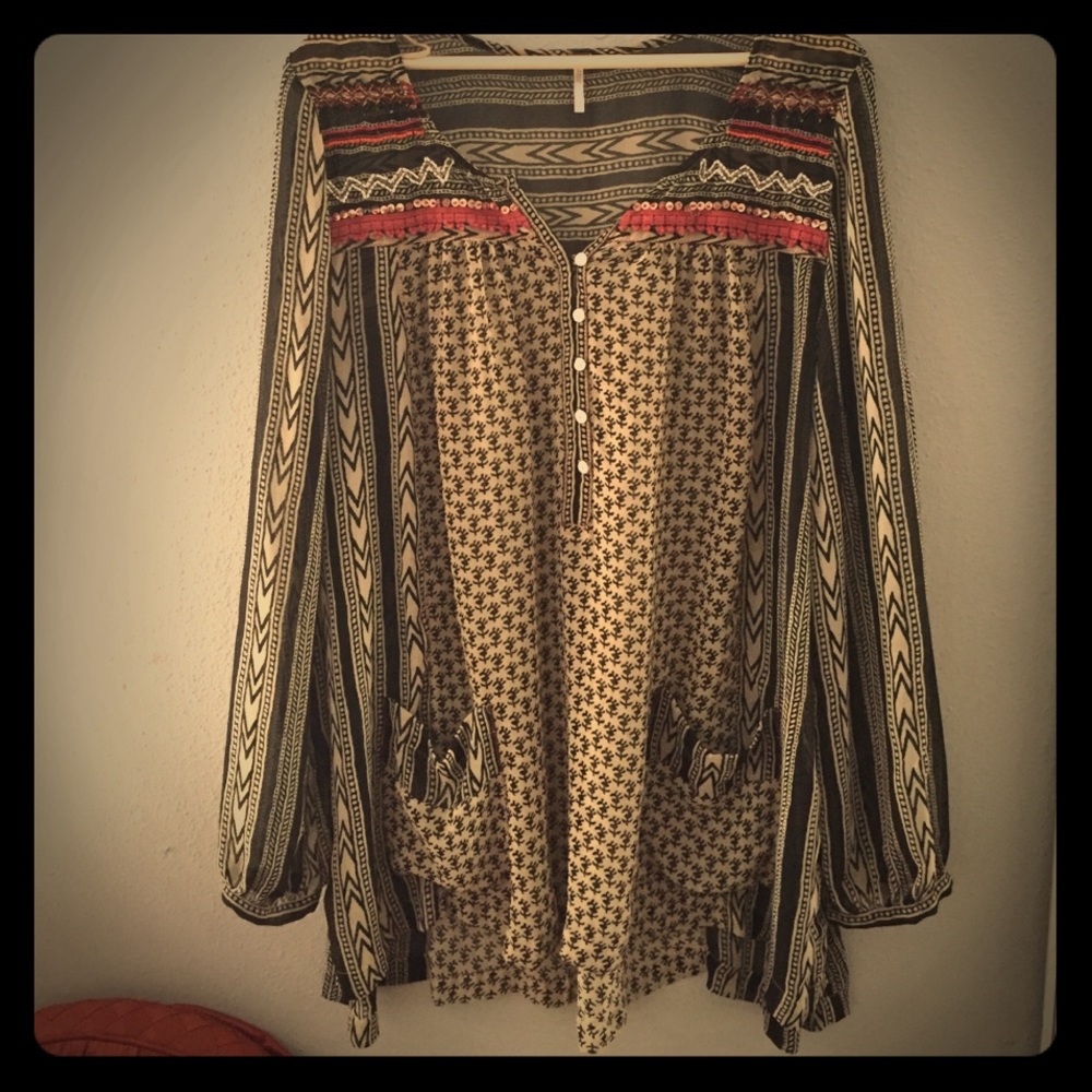 Free People Bohemian Printed Tunic with Beading
