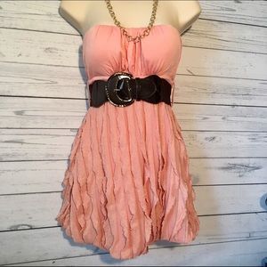 Pink Strapless Belted Ruffle Dress