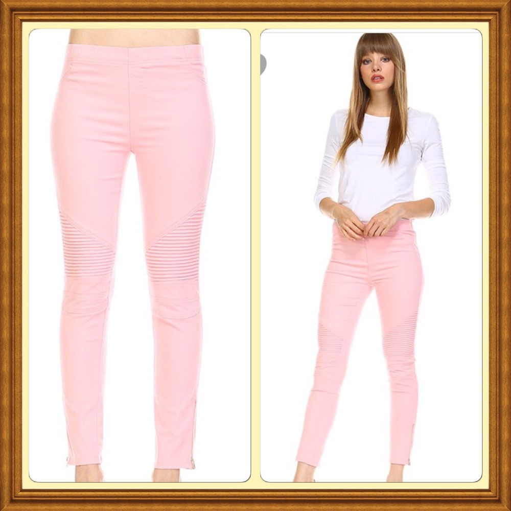 Light pink pull on Moto Pants with Ankle Zipper