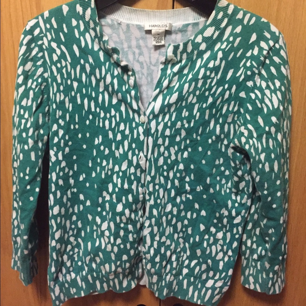 white and teal cardigan