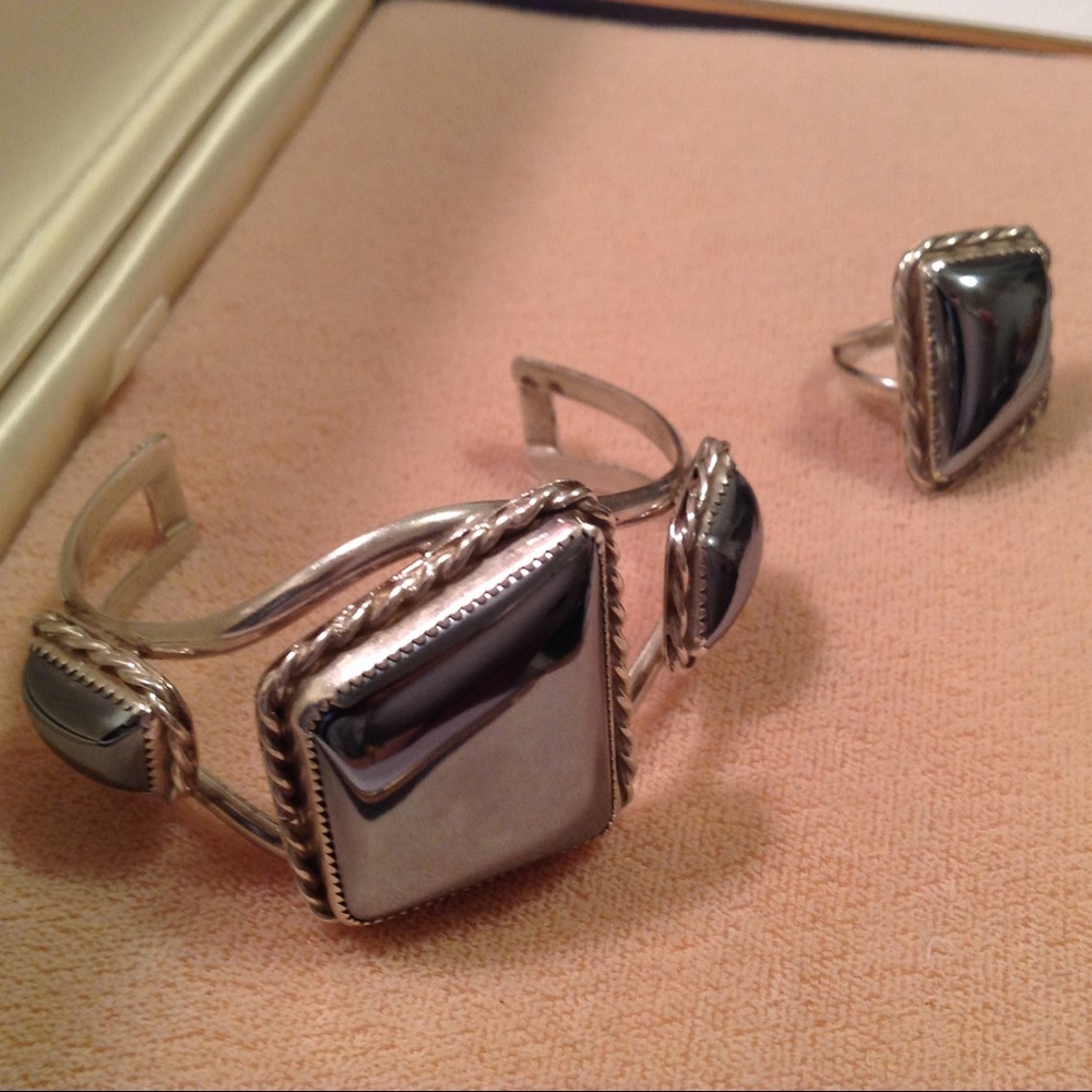 Vintage Sterling Navajo Hematite Cuff & Ring
