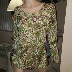 40" Chest Large blouse paisley green beige shirt
