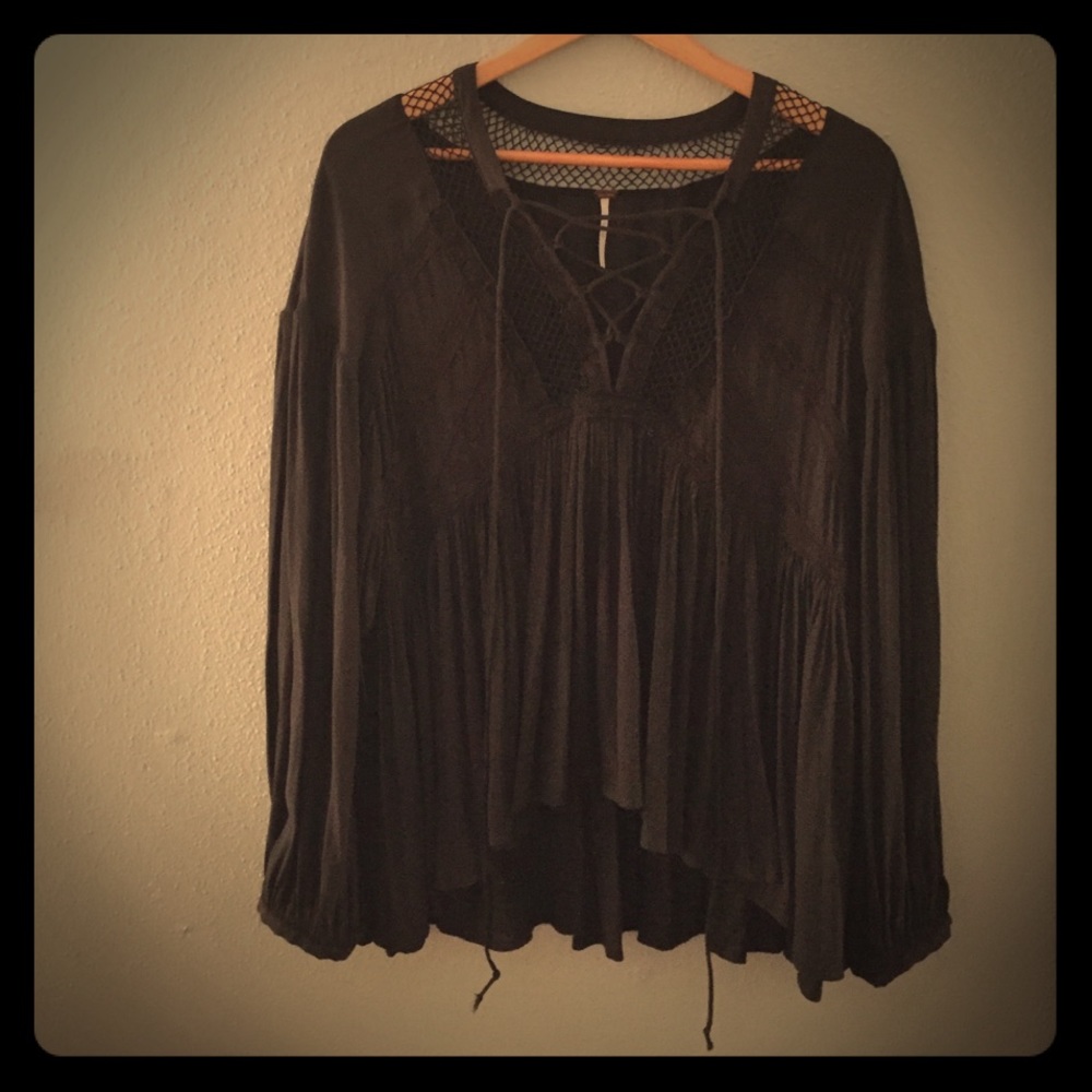Free People Charcoal Grey Mesh Lace Up Blouse.