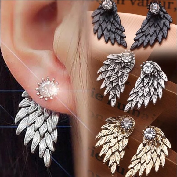 Gold or black crystal wings earrings studs winged - Picture 5 of 6
