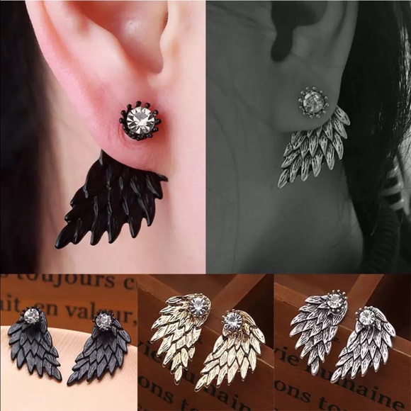 Gold or black crystal wings earrings studs winged - Picture 3 of 6