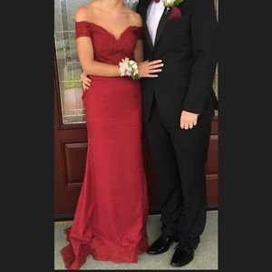 Burgundy lace long prom dress