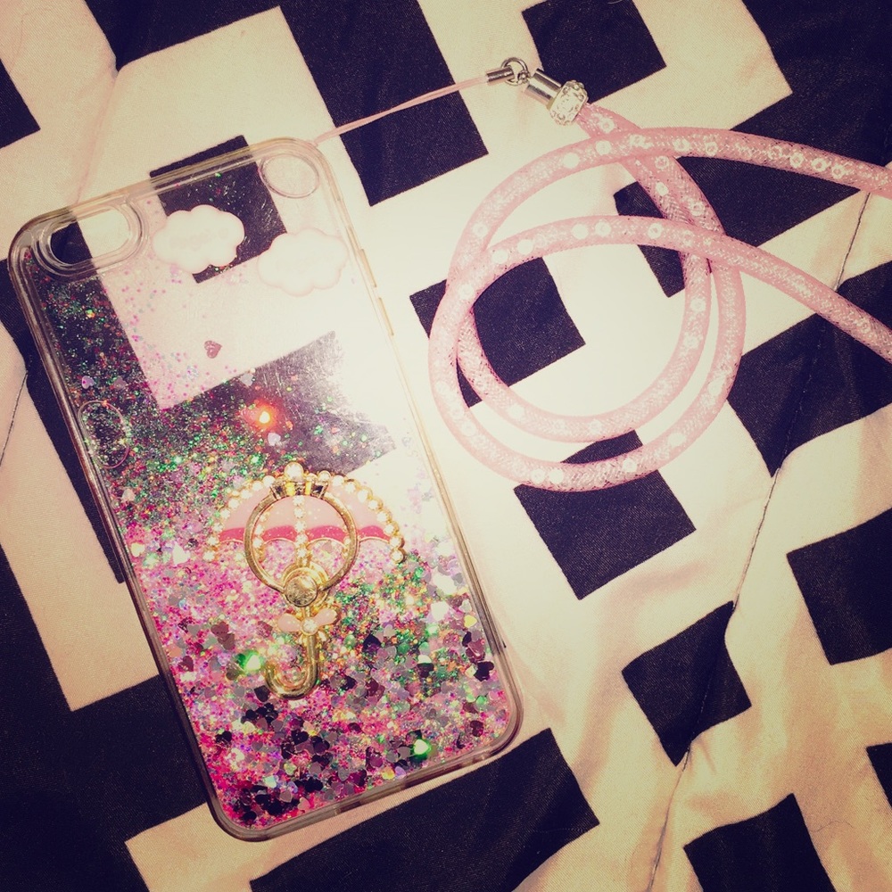 ✨iPhone 6 plus pink glitter phone case & lanyard