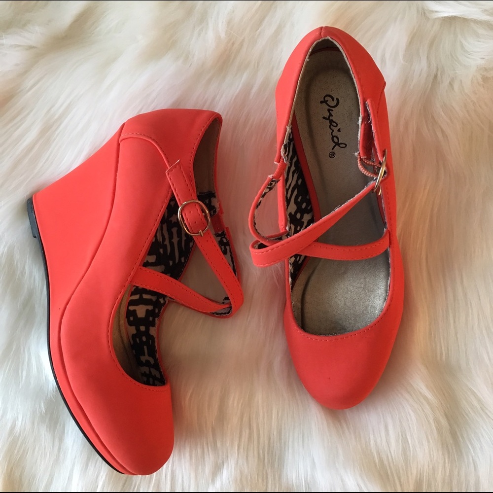 Qupid Waken Tangerine Strappy Wedge Heels