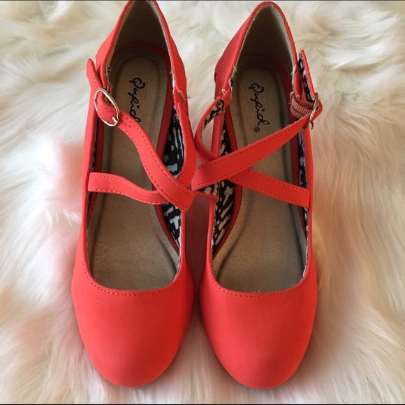 Qupid Waken Tangerine Strappy Wedge Heels - Picture 2 of 5