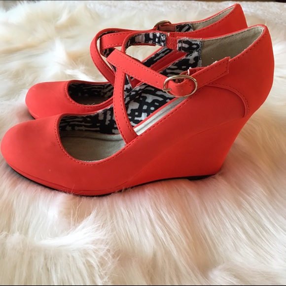 Qupid Waken Tangerine Strappy Wedge Heels - Picture 3 of 5