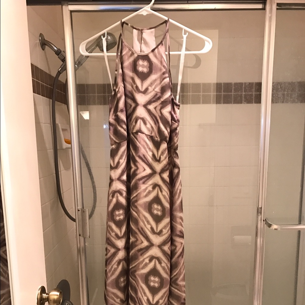 BCBG asymmetrical dress in light gray and pink