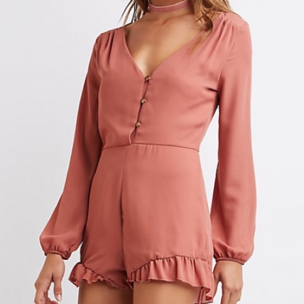 Ruffle trim button up romper