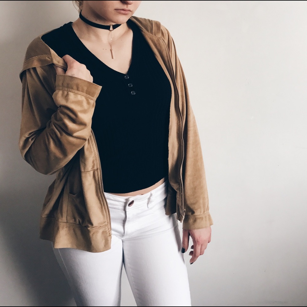Suede / Velvet Zip Up Sweatshirt in Nude/Camel