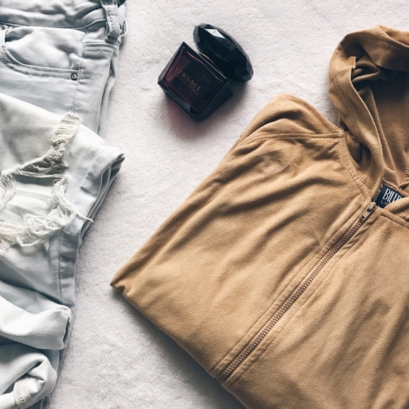 Suede / Velvet Zip Up Sweatshirt in Nude/Camel - Picture 2 of 8