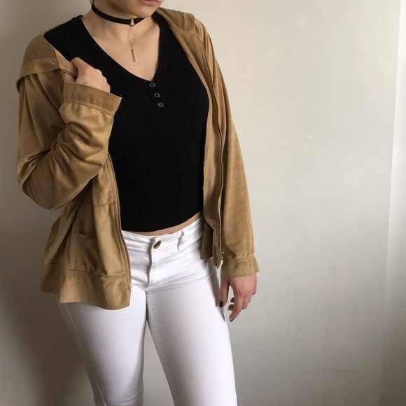 Suede / Velvet Zip Up Sweatshirt in Nude/Camel - Picture 5 of 8