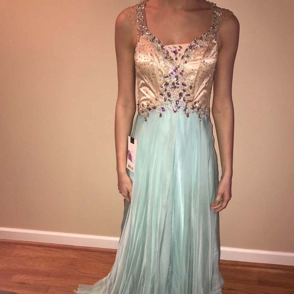 MacDuggal aqua/nude prom dress. Beautiful jewels