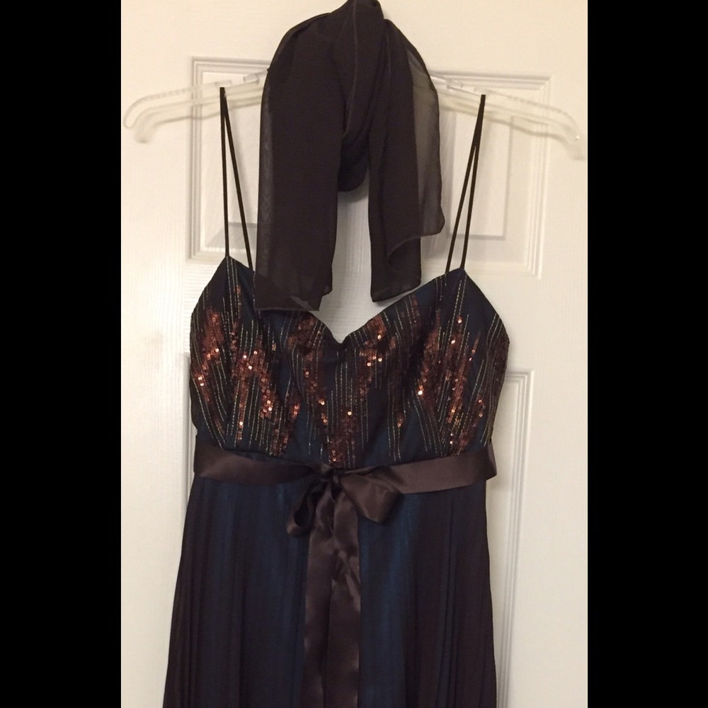 Formal Dress brown chiffon, blue underlay Sz XL/14