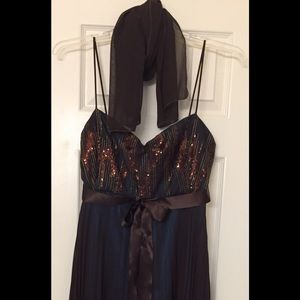 Formal Dress brown chiffon, blue underlay Sz XL/14