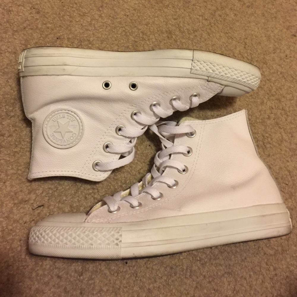 All white leather converse high top chuck taylors