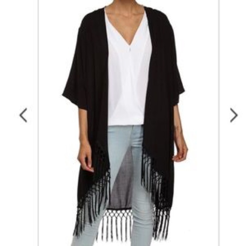 Long Black Frindged Kimono