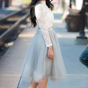 Lace shirt and tulle midi skirt