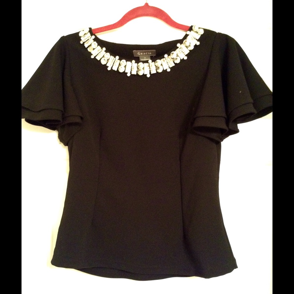 Black jeweled neck flutter sleeve top