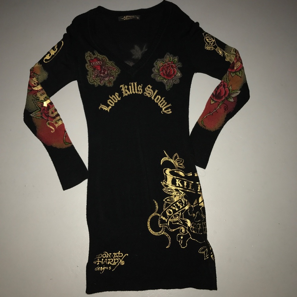Ed hardy v neck sweater dress - black