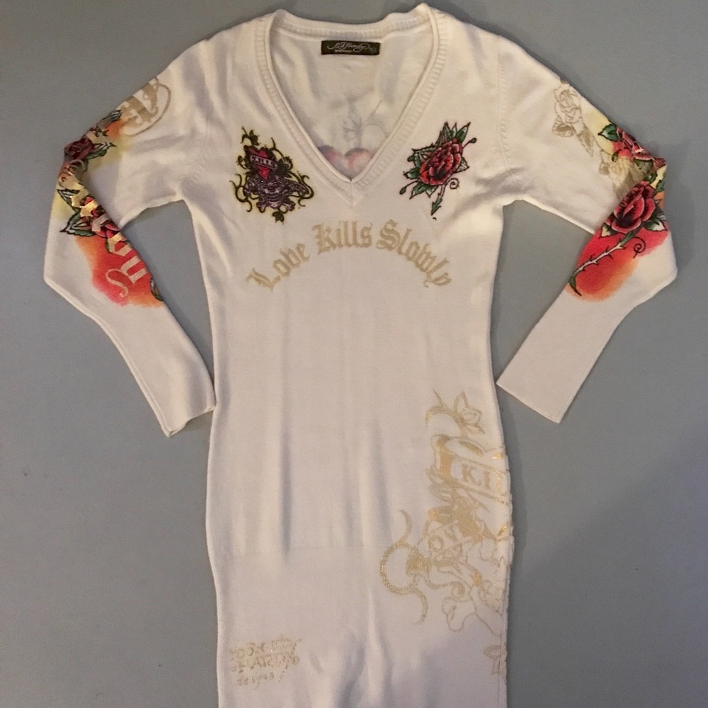 Ed hardy v neck sweater dress - cream