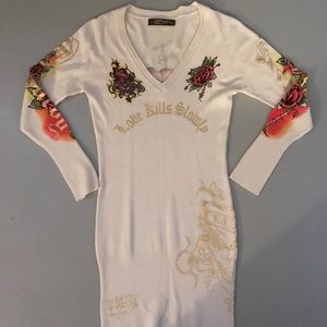 Ed hardy v neck sweater dress - cream