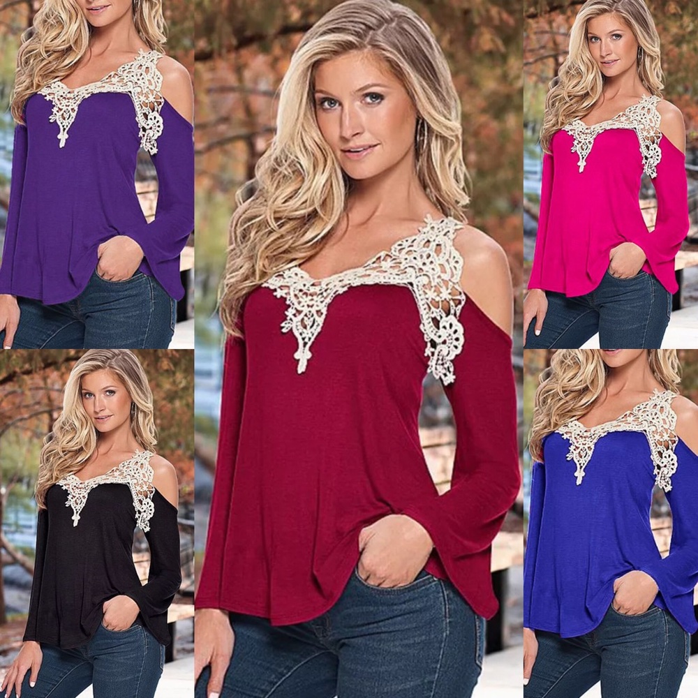 Long Sleeve White Floral Lace Cold Shoulder Top