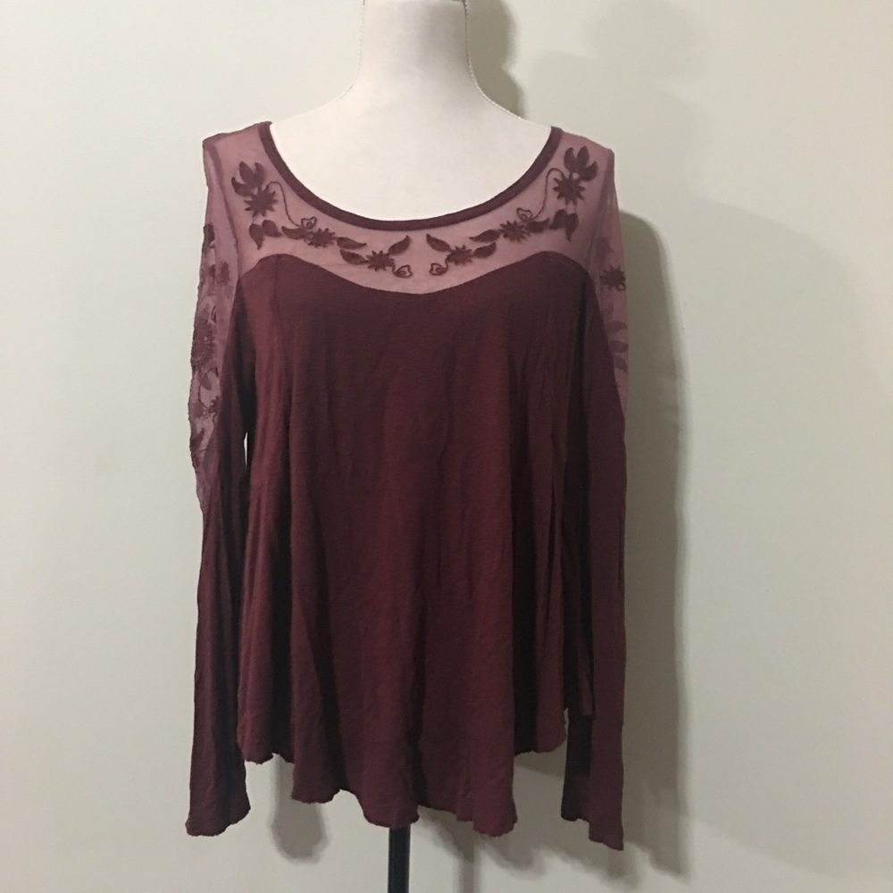 Free People embroidered top burgundy L