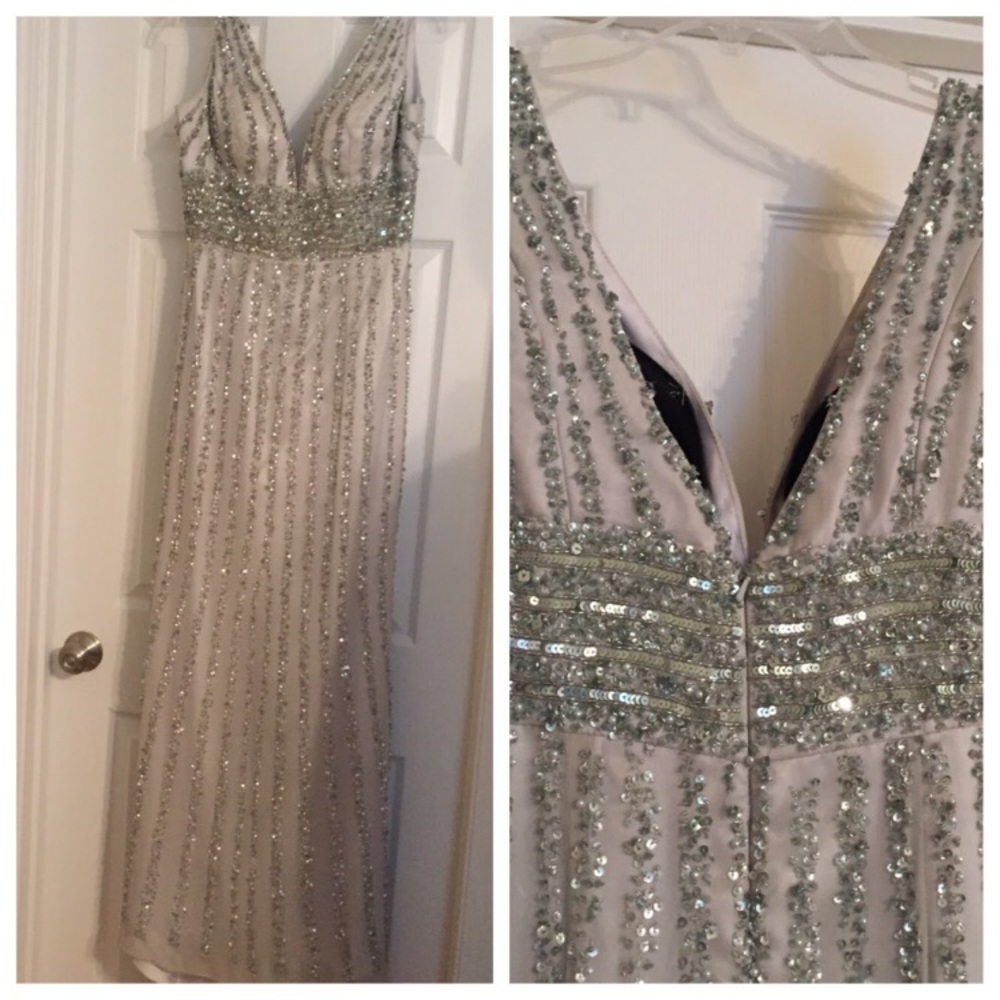 Silver beaded prom dress