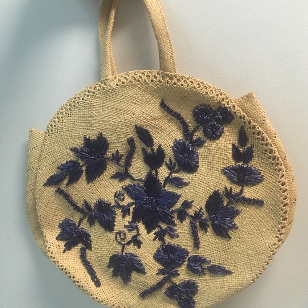 Floral Stitched Straw Tote