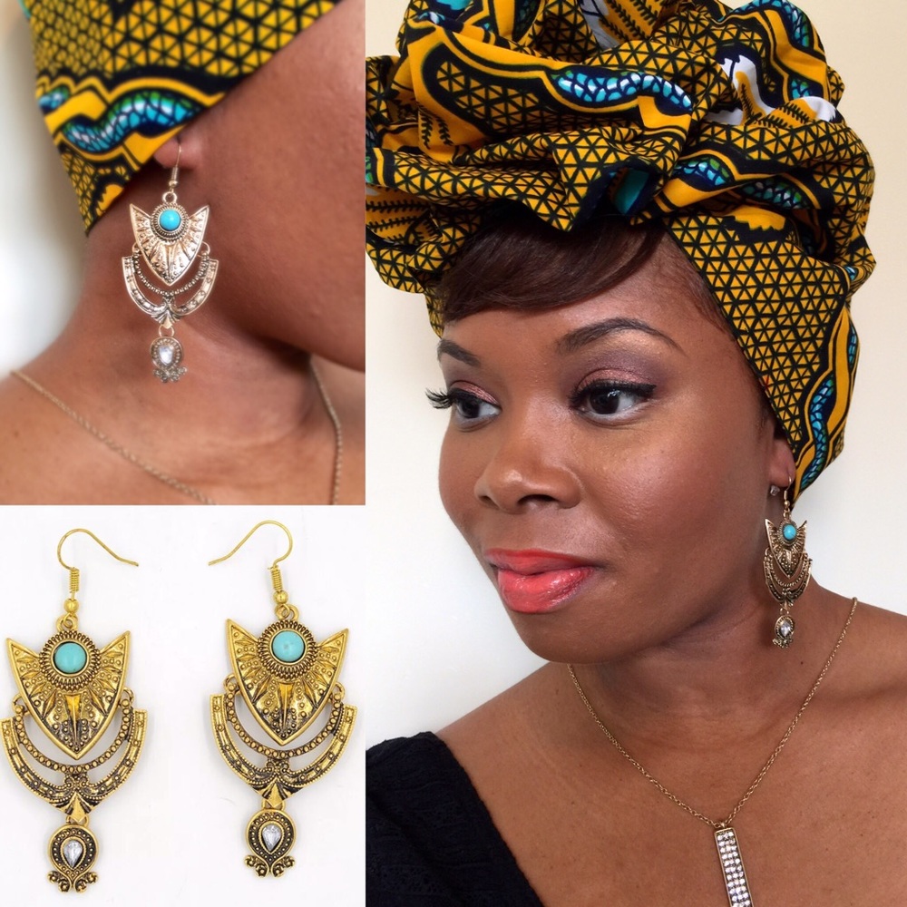 "Flash" Boho Earrings In Turquoise & Plated Gold - Picture 1 of 4
