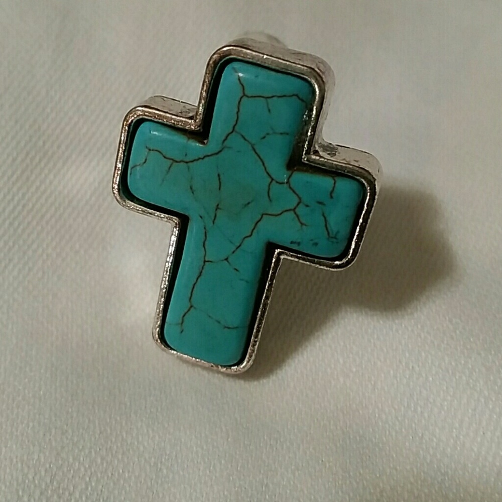 Turquoise & Silvertone Cross Ring