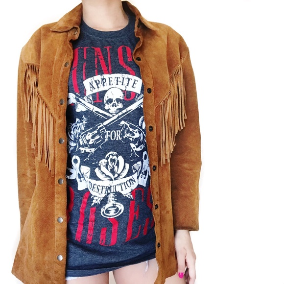 Vintage Tops - • Leather Fringe Button Up •