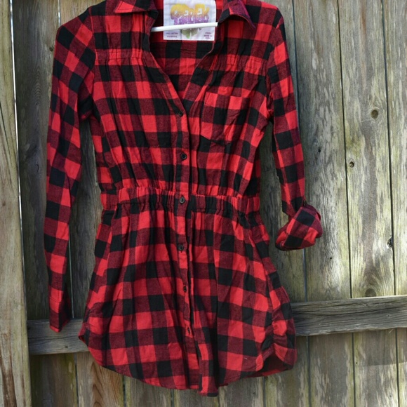 **SOLD***RED&BLACK PLAID FLANNEL BUTTON DOWN DRESS - Picture 4 of 4
